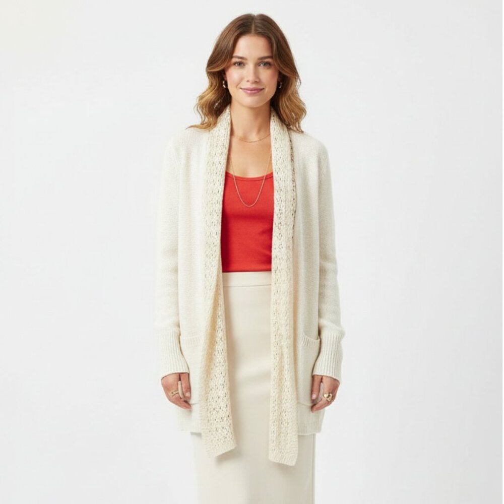 Anthropologie Angel of The North Ivory Knit Open Front Cardigan Sweater M